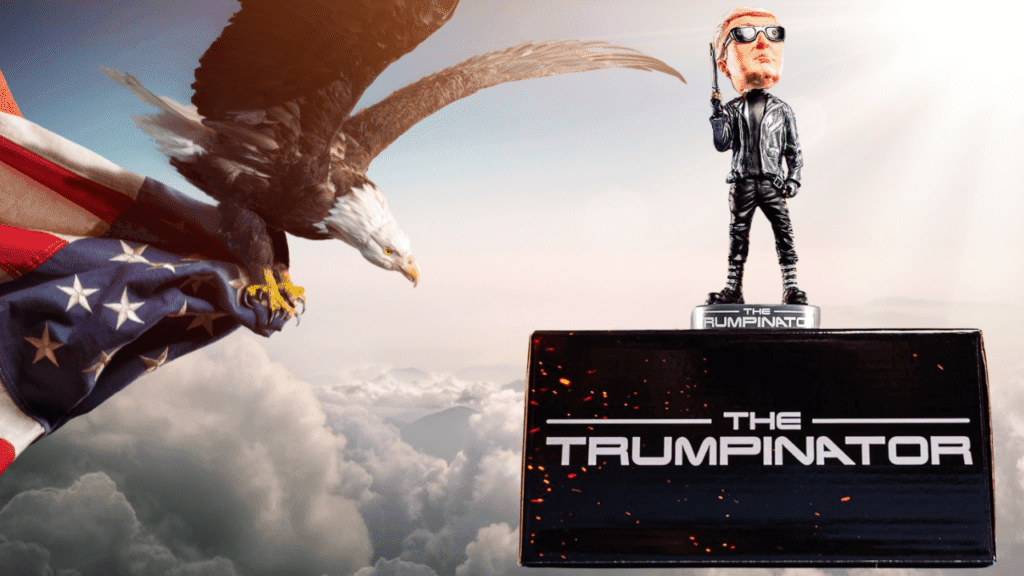 Trumpinator Bobblehead with an eagly flying down carrying a flag