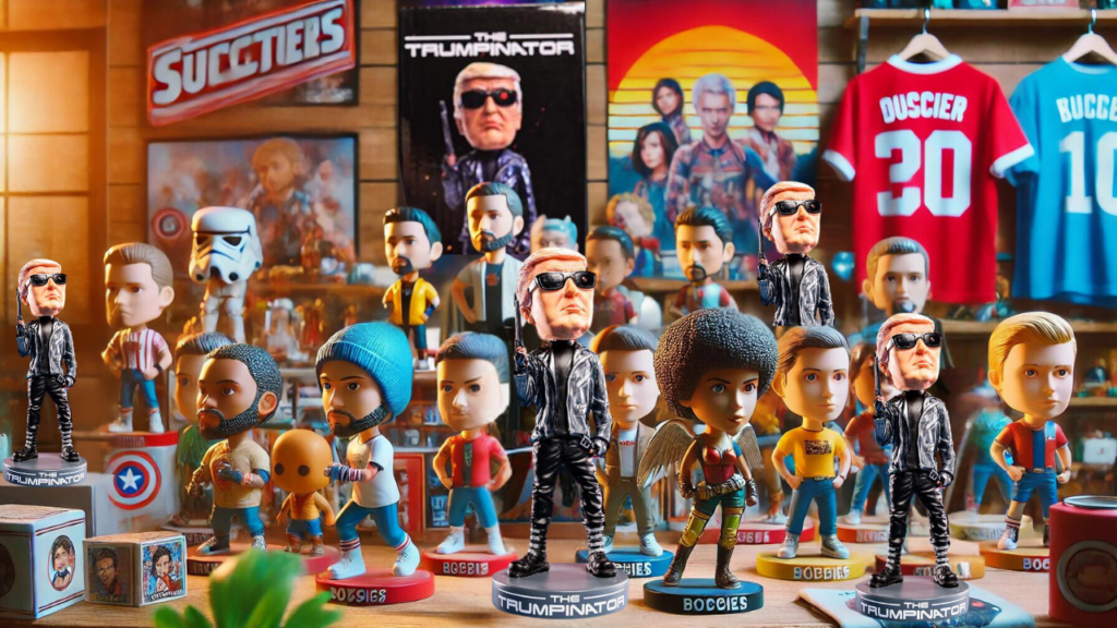 A display of colorful bobbleheads, including Trumpinator bobblehead arranged on shelves, featuring various characters and expressions, in a vibrant and well-lit setting with other memorabilia in the background.