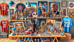 A display of colorful bobbleheads, including Trumpinator bobblehead arranged on shelves, featuring various characters and expressions, in a vibrant and well-lit setting with other memorabilia in the background.