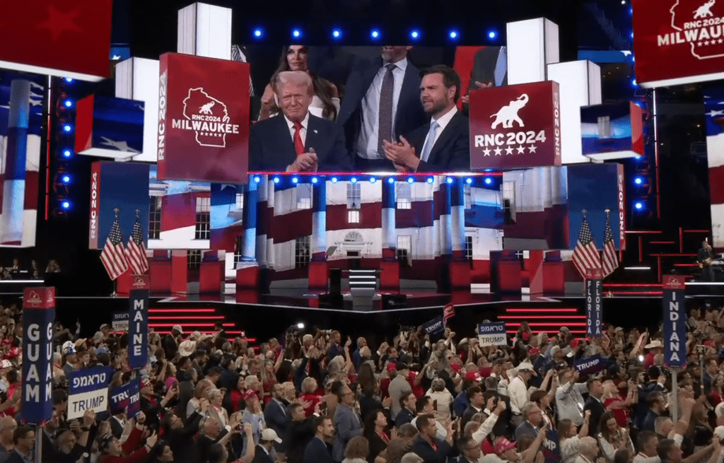 RNC Day 1 Jumbotron image of Trump and Vance